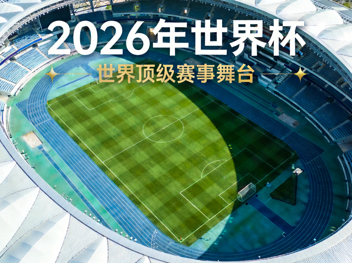 2026年世界杯主视觉：广阔的绿茵足球场鸟瞰图，草坪整齐划一，四周环绕着现代化跑道与看台，象征世界顶级赛事舞台