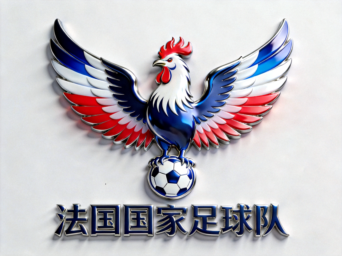 法国国家足球队标志，高卢雄鸡形象搭配蓝白红三色，体现世界冠军的雄厚实力与欧洲足球强国的底蕴