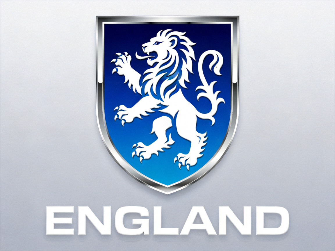 英格兰国家足球队标志，三狮军团徽章搭配蓝白配色，代表现代足球发源地的深厚底蕴与青年才俊的崛起